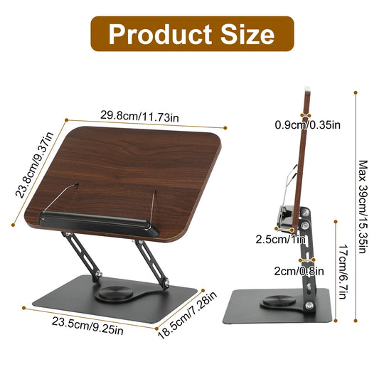 Book Stand for Reading Foldable Wood Book Holder Reading Rack Paper Stand with Adjustable Height 360¡ Rotatable Base Dual Paper Clips for Book Sheet M
