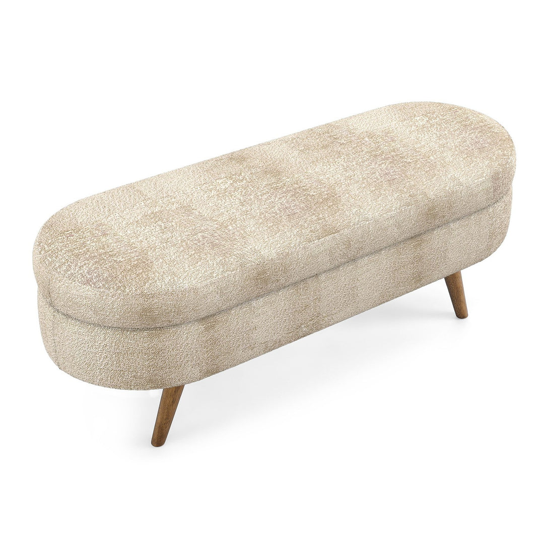 Oval Storage Ottoman Bench, Upholstered Storage Bench with Rubberwood Legs, Multifunctional Entryway Bench for Bedroom L