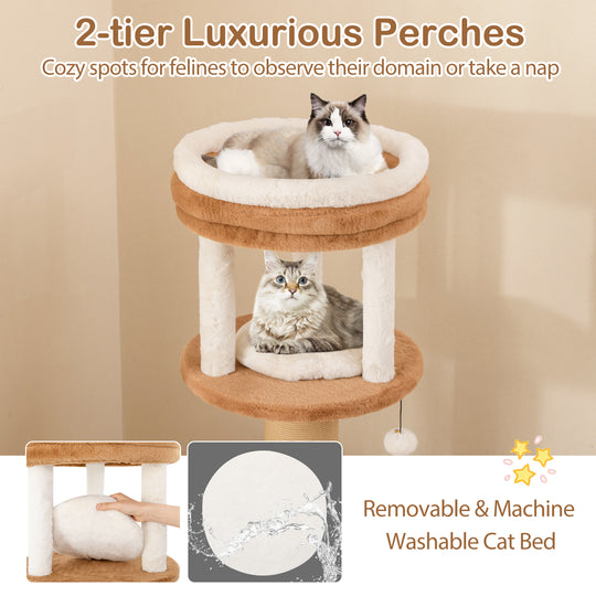 65 Inches Tall Cat Tree with Self-groomer and Removable Cat Bed-Coffee
