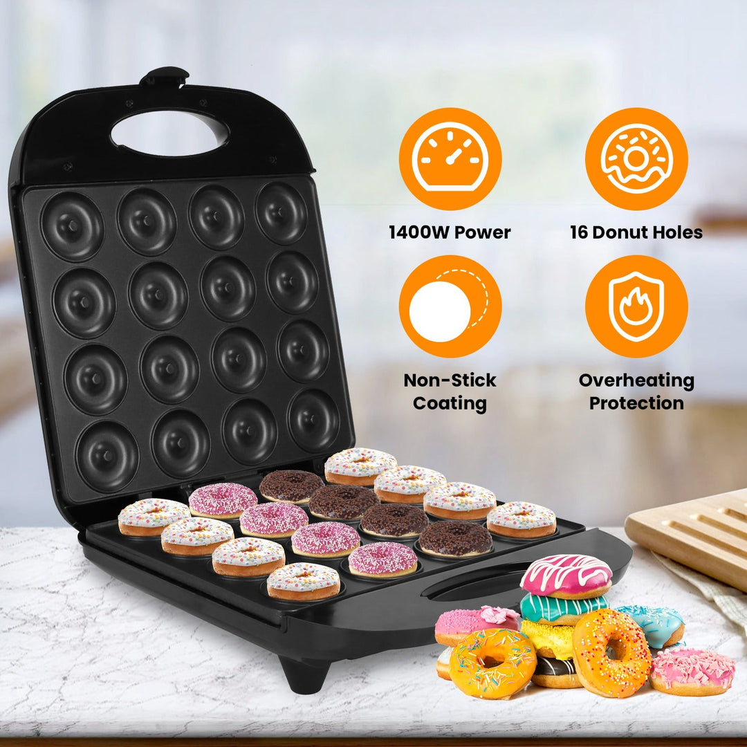 Mini Donut Maker Machine For Kids Snack Breakfast Desserts With 16 Doughnuts Holes Non Stick Coating Double-Side Heating Plates Overheating Protection