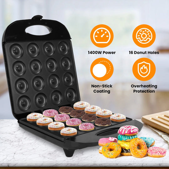 Mini Donut Maker Machine For Kids Snack Breakfast Desserts With 16 Doughnuts Holes Non Stick Coating Double-Side Heating Plates Overheating Protection