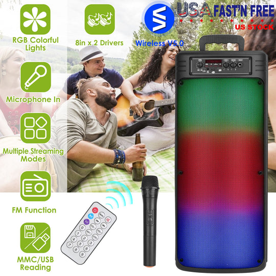 Portable Wireless Party Speaker Dual 8in Colorful Lights DJ PA System with TWS Function FM Radio USB MMC Card Reading Aux In Recording Function Wirele