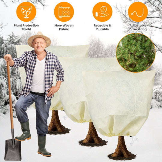3Pcs Winter Plant Cover Bags with Drawstring 32.67x43.3in Plant Freeze Protector Reusable Non-Woven Plant Frost Blanket for Outdoor Garden Plants