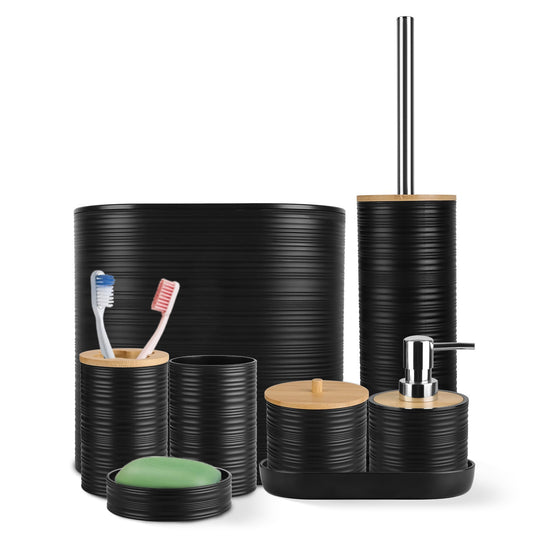 8Pcs Bathroom Accessories Set Bathroom Holder Set with Soap Dispenser Toothbrush Holder Cup Soap Dish Toilet Cleaning Brush Trash Can Qtip Holder Vani