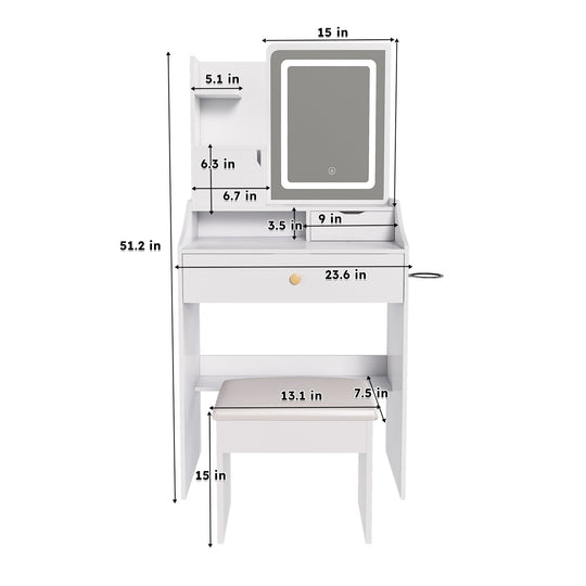 White Vanity Desk Set with LED Lighted Mirror & Padded Stool