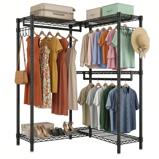 L-Shaped Garment Rack with Adjustable Shelves & 3 Hanging Rods