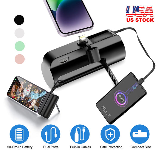 5000mAh Portable Phone Charger Built-in Type-C IOS Cable Dual Output Power Bank Compact Size Compatible with IOS Phone Samsung