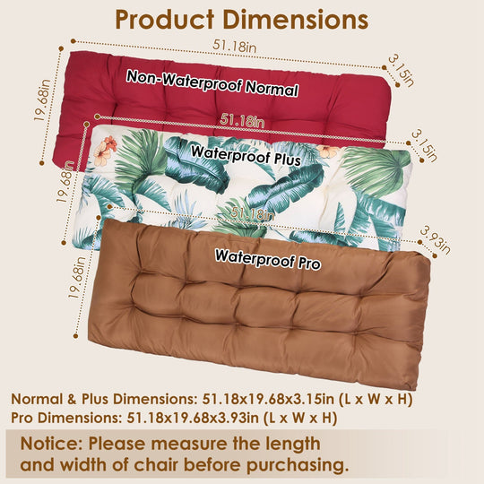 Bench Seat Cushion For Indoor Outdoor Furniture Non Slip Long Chair Cushion with Ties Strap Waterproof Swing Cushion 51.18x19.68IN For Garden Patio Ba