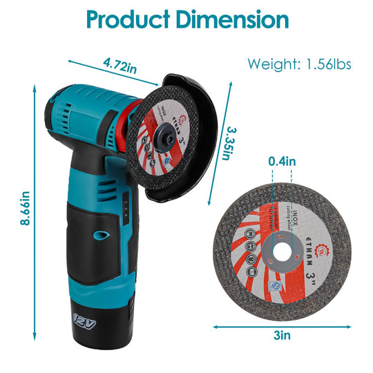 12V Cordless Mini Angle Grinder Hand Polishing Grinding Machine Cordless Cutter Grinding Tool with 7Pcs Disc 2Pcs 1100mAh Batteries and Charger Hex Ke