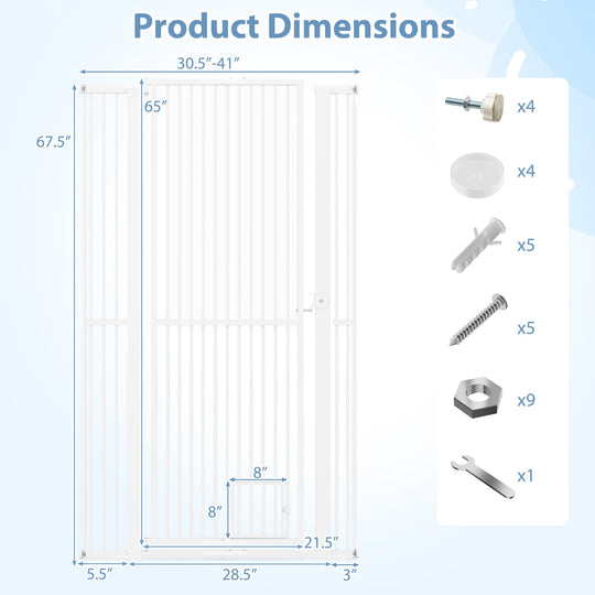 67.5" Extra Tall Pet Gate Heavy-Duty Metal Cat Gate with 30.5"-41" Wide Opening-White