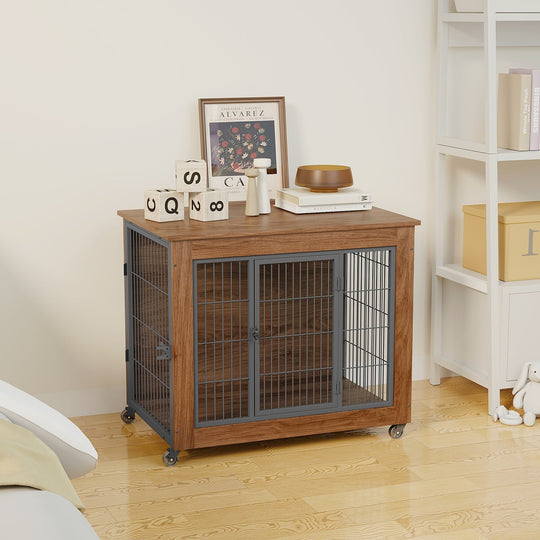Dog Crate Furniture with Lockable Wheels & Dual Doors