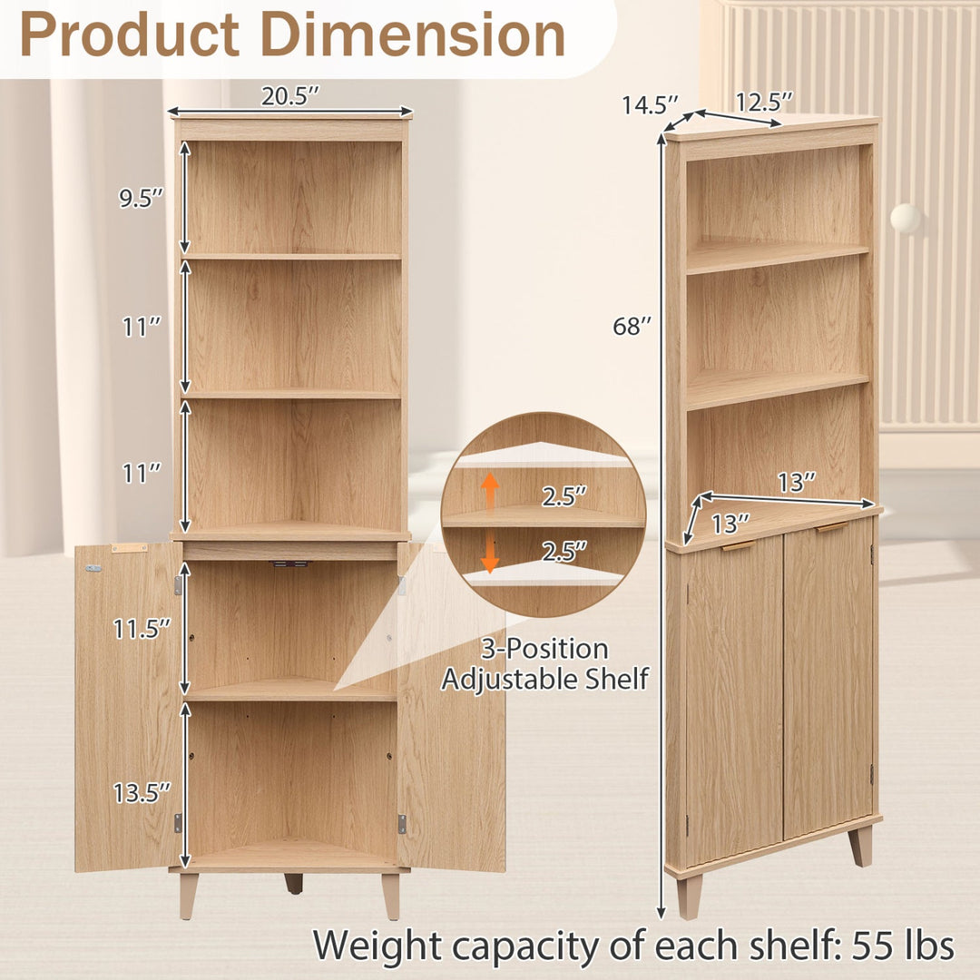 68 Inch Tall Corner Cabinet with Fluted Doors for Bathroom