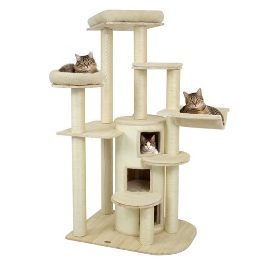 68 Inch Wooden Cat Tree with 3-Story Condo and Hammock for Kittens