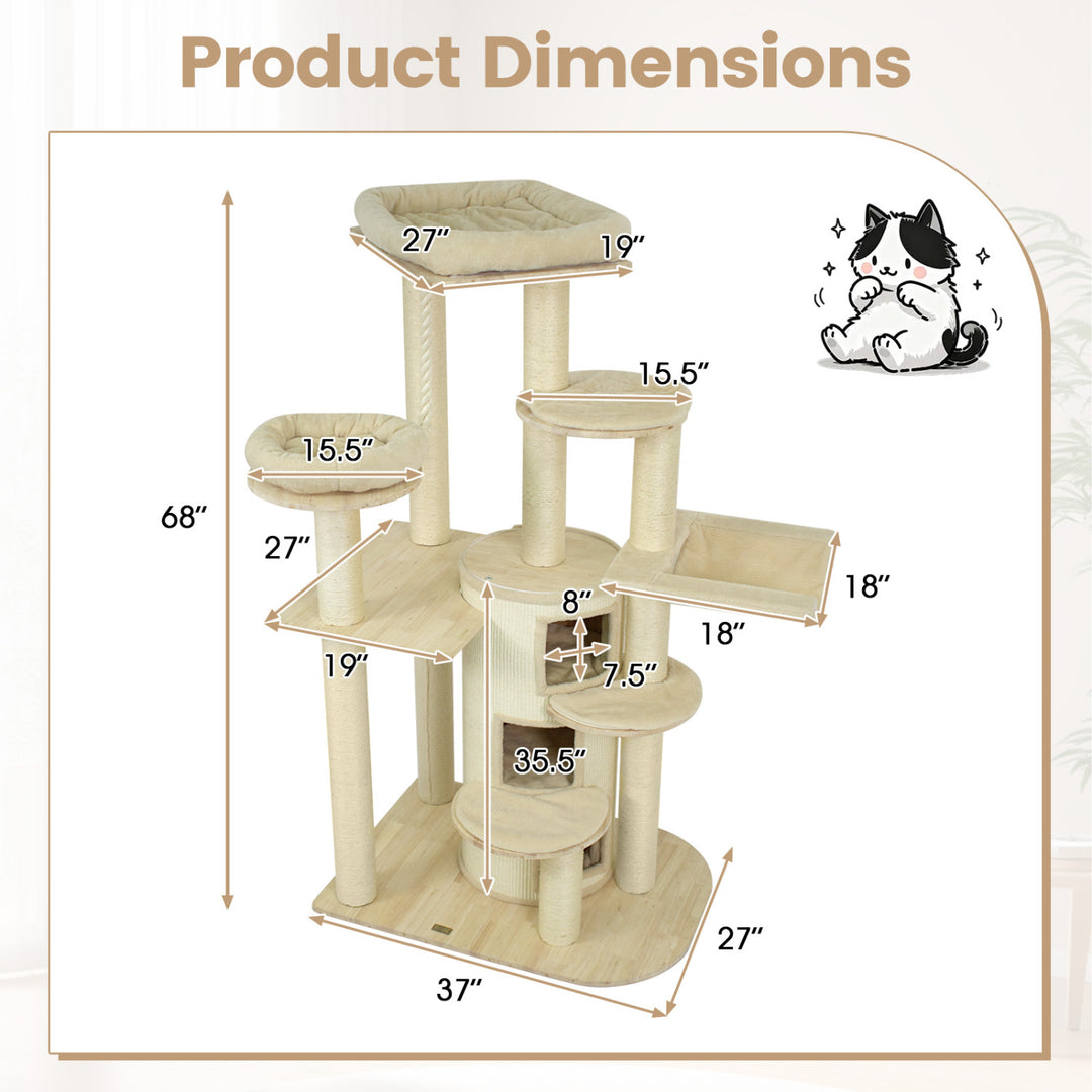 68 Inch Wooden Cat Tree with 3-Story Condo and Hammock for Kittens