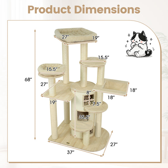 68 Inch Wooden Cat Tree with 3-Story Condo and Hammock for Kittens