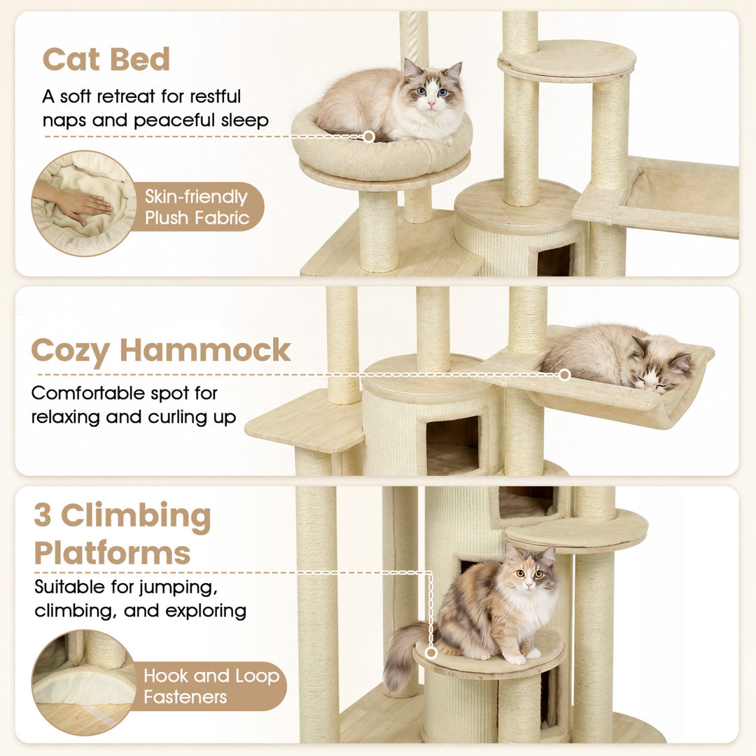 68 Inch Wooden Cat Tree with 3-Story Condo and Hammock for Kittens