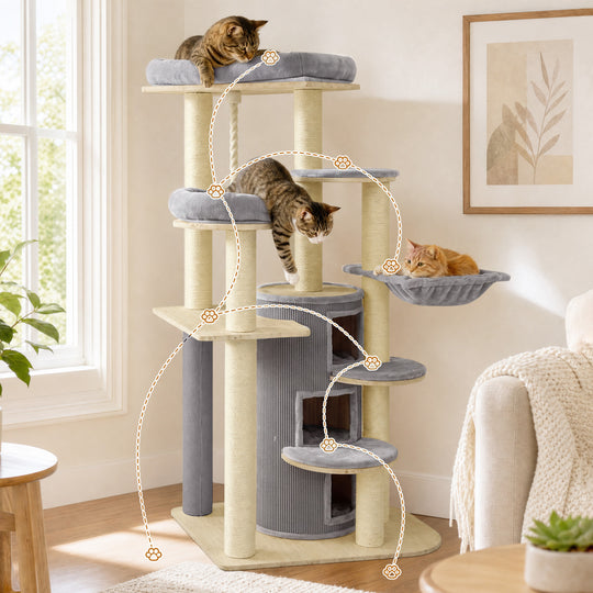 68 Inch Wooden Cat Tree with 3-Story Condo and Hammock for Kittens
