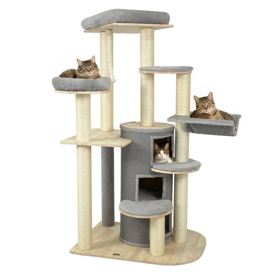 68 Inch Wooden Cat Tree with 3-Story Condo and Hammock for Kittens