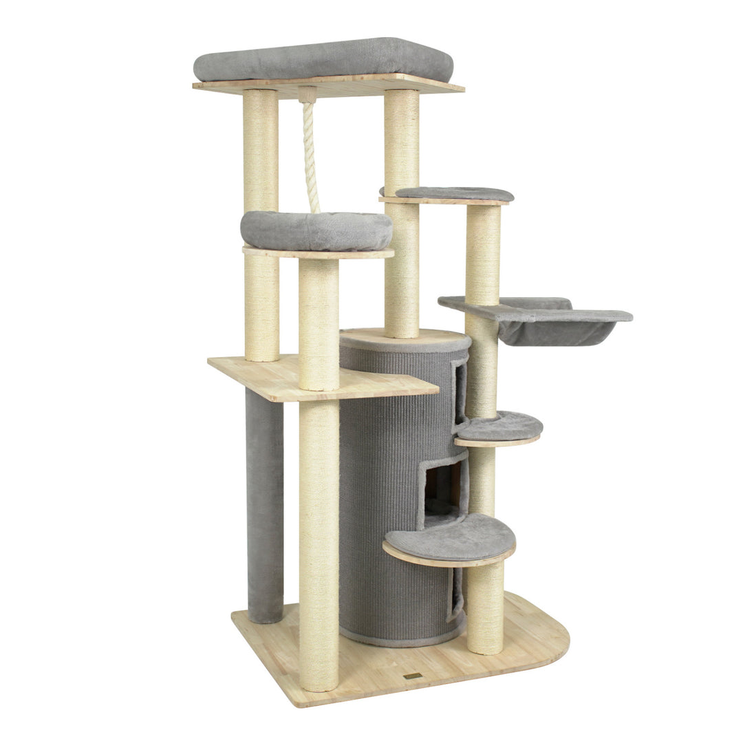 68 Inch Wooden Cat Tree with 3-Story Condo and Hammock for Kittens