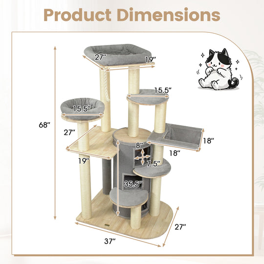 68 Inch Wooden Cat Tree with 3-Story Condo and Hammock for Kittens