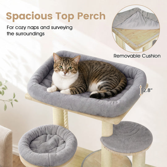 68 Inch Wooden Cat Tree with 3-Story Condo and Hammock for Kittens