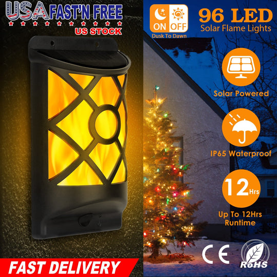 Flame Solar Lights Outdoor 96 LEDs Waterproof Flickering Flame Wall Mount Lamp Auto On Off Sensor Decorative Landscape Night Lamp For Deck Patio Yard