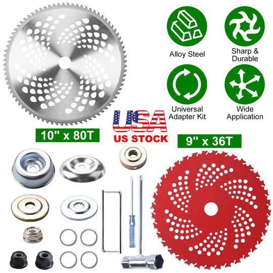 10" x 80T 9" x 36T Carbide Tip Brush Cutter Blades with Universal Adapter Kit Alloy Steel Blades Compatible with Brush Cutter Trimmer Weed Eater