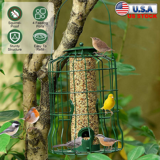Outdoor Wild Bird Feeder Squirrel-Proof Chew-Proof Metal Hanging Seed Feeder with 4 Feeding Ports for Small Songbirds