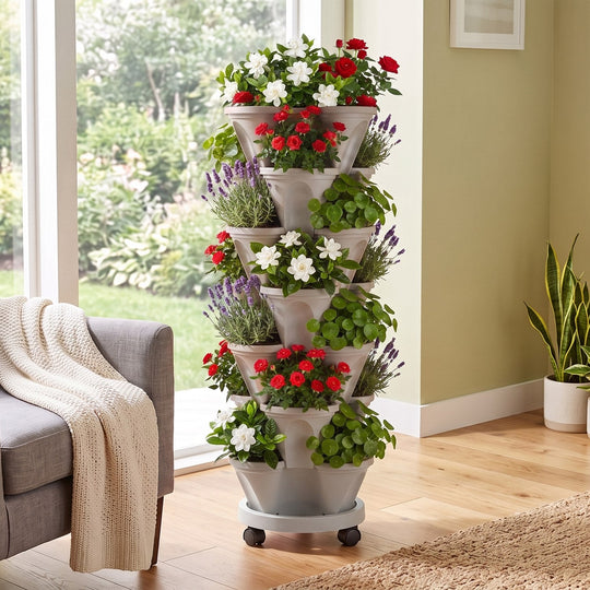 7-Tier Stackable Vertical Planter with Wheels and Drainage