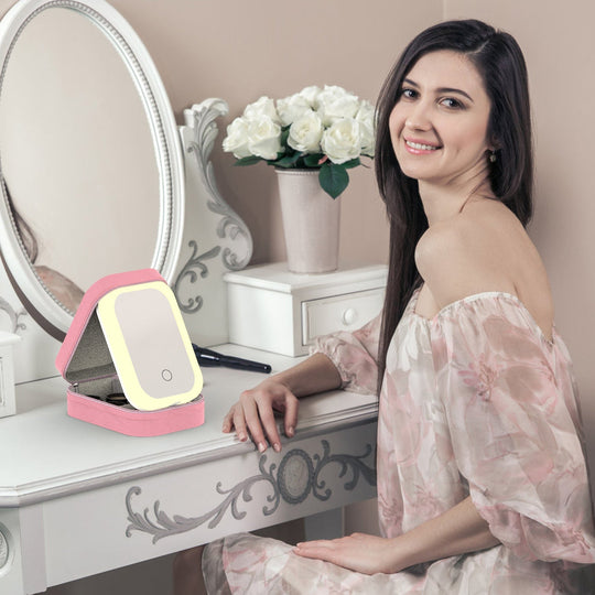 Portable Travel Makeup Bag With LED Mirror Rechargeable Beauty Mirror With 3 Color Light Dimmable Brightness Waterproof Cosmetic Bag With 4 Compartmen