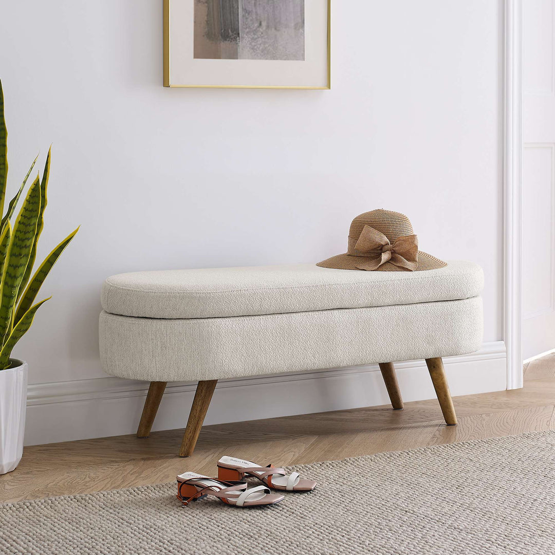Oval Storage Ottoman Bench, Upholstered Storage Bench with Rubberwood Legs, Multifunctional Entryway Bench for Bedroom L