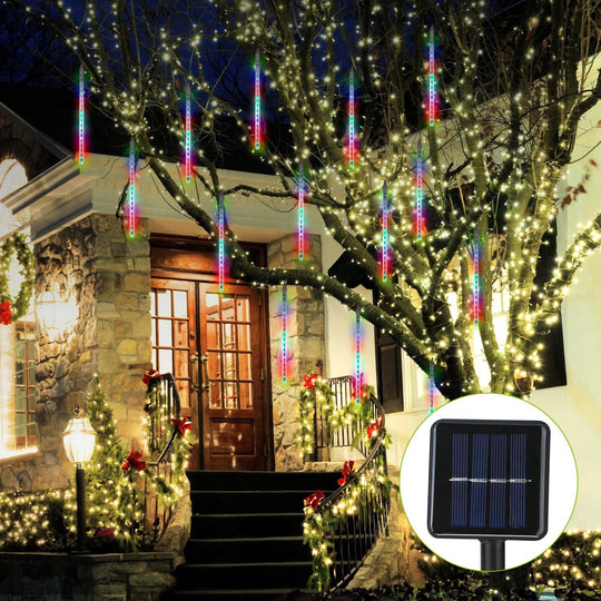 Solar Powered Meteor Shower String Lights 9.84FT Falling Raindrop Tube Lamp Water Resistant Decorative Lights For Tree Home Garden Parties
