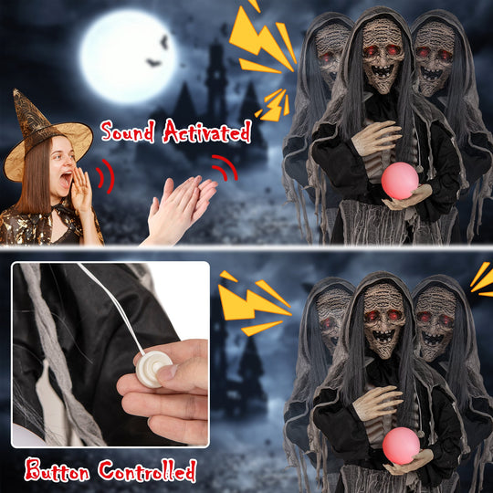 6ft Halloween Animatronics Standing Witch with Light Up Eyes and Magical Ball