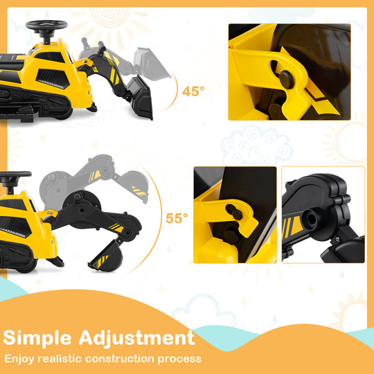 6V Ride on Tractor 3-in-1 Electric Excavator with Adjustable Arms and Music-Yellow