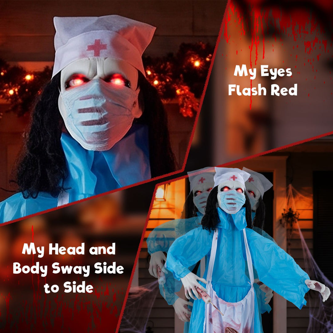 Halloween Standing Animatronic Zombie Nurse with Glowing Eyes