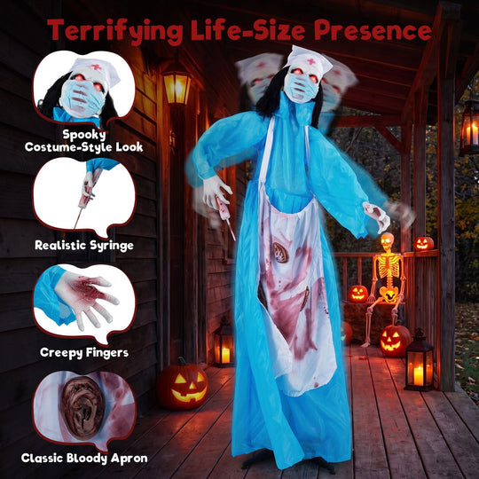 Halloween Standing Animatronic Zombie Nurse with Glowing Eyes