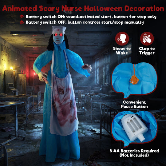 Halloween Standing Animatronic Zombie Nurse with Glowing Eyes