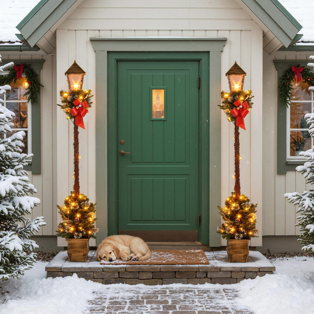6.1 Feet Christmas Pre-lit Street Lamp with Artificial Greenery and Snow-flocked Branch Tips