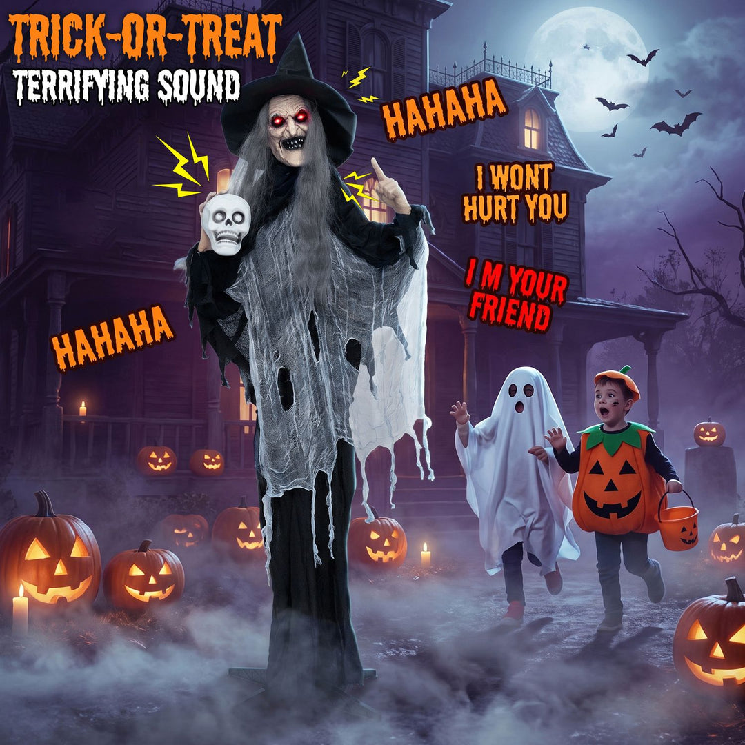 6.3 FT Halloween Standing Animatronic Witch with Skull in Hand