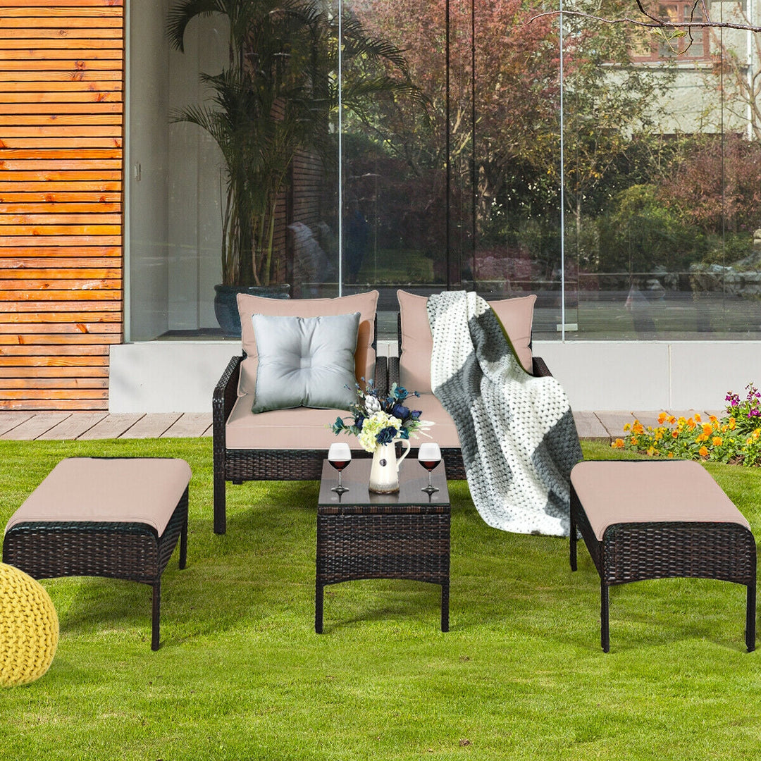 5-Piece Patio Rattan Sofa Set with Ottomans & Table