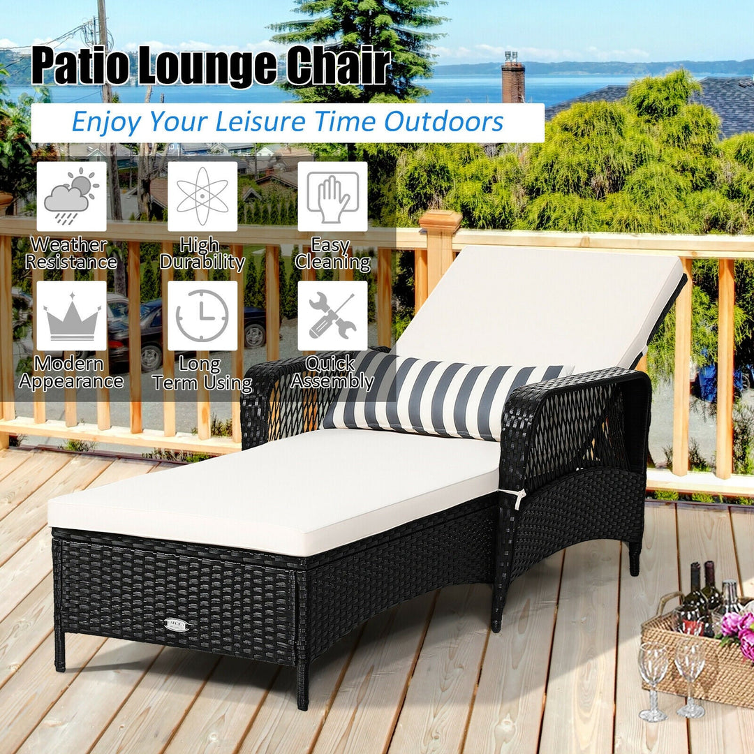Patio Wicker Chaise Lounge Chair with Pillow and Adjustable Backrest with Cushion-Black