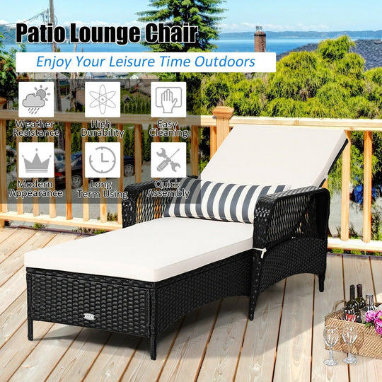 Patio Wicker Chaise Lounge Chair with Pillow and Adjustable Backrest with Cushion-Black