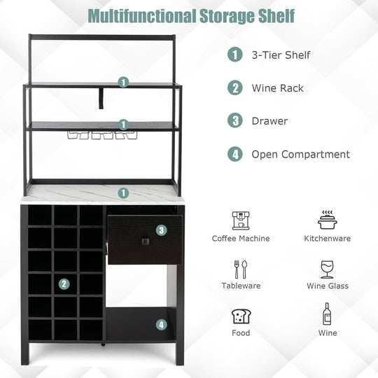 Kitchen Bakers Rack Freestanding Wine Rack Table with Glass Holder and Drawer