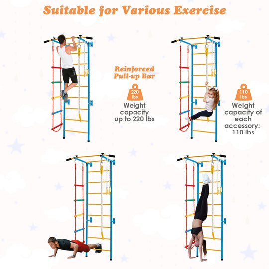 7 In 1 Kids Indoor Gym Playground Swedish Wall Ladder for Solid Wall-Yellow