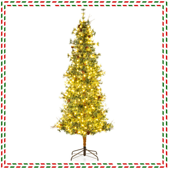 6/7/8 Feet Artificial Christmas Tree Pre-lit Hinged Xmas Tree with Warm White LED Lights and Pine Cones