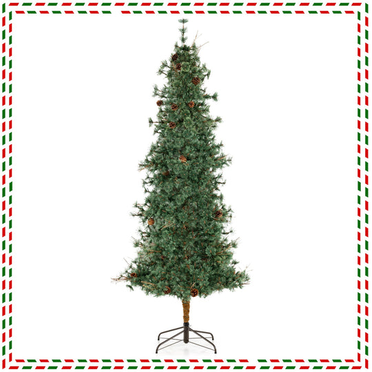 6/7/8 Feet Artificial Christmas Tree Pre-lit Hinged Xmas Tree with Warm White LED Lights and Pine Cones