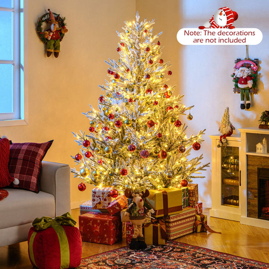 6/7/8 Feet Pre-Lit Artificial Christmas Tree Hinged Snow Flocked Xmas Tree