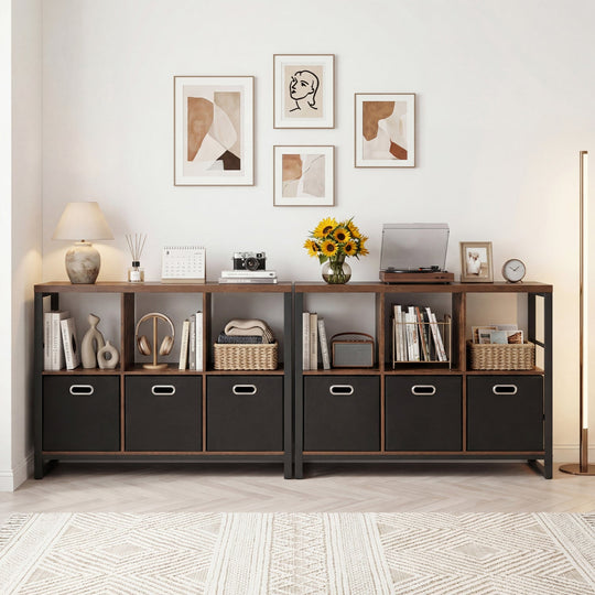 6-Cube Industrial Bookshelf with Storage Bins & Metal Frame