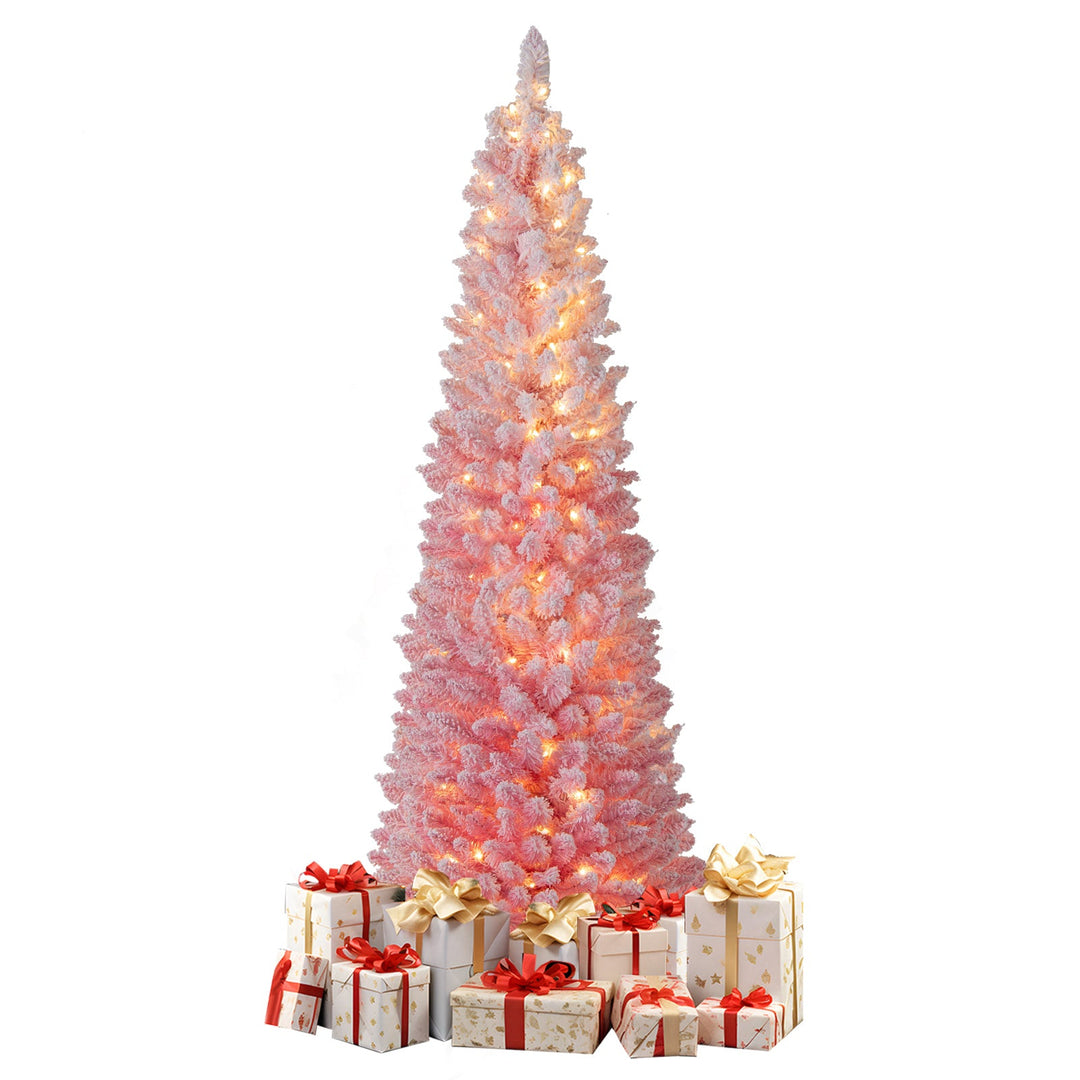 6 FTSnow-flocked Artificial Pink Christmas Tree Pre-lit Hinged Xmas Tree for Holiday Decoration
