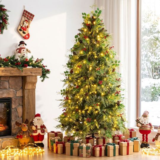 6 FT Pre-Lit Artificial Christmas Tree with Warm White and Multicolor LED Lights for Indoor